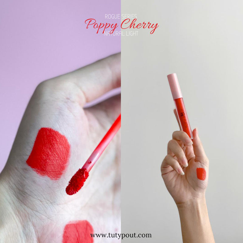 TUTYPOUT Vegan & Cruelty-free Long-lasting Soft Matte Liquid Lipstick-Poppy Cherry (palm swatch)