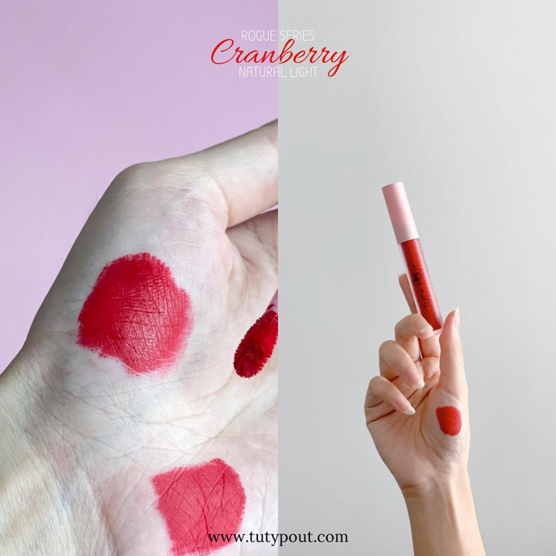 TUTY POUT Vegan & Cruelty-free Long-lasting Soft Matte Liquid Lipstick - Cranberry (palm swatch)